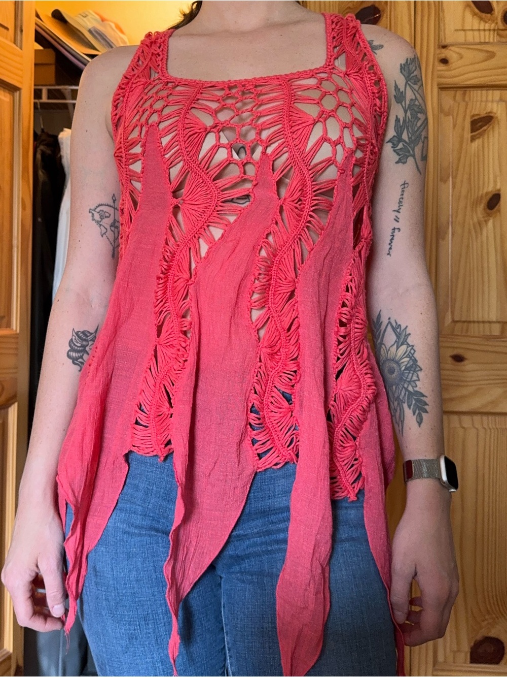 Bohemian Crochet Panel Coral Red Tank Top